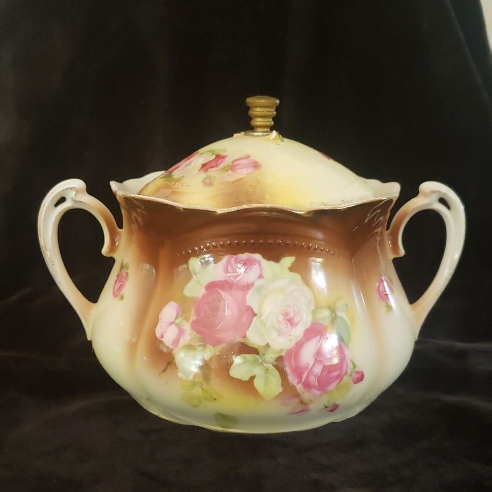 Vintage Three Crown China Decorative Floral Lidded Pot with Side Handles